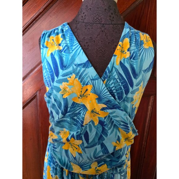 Lands End Womens Sleeveless Tropical Floral Maxi Dress L Blue & Yellow - Picture 2 of 7